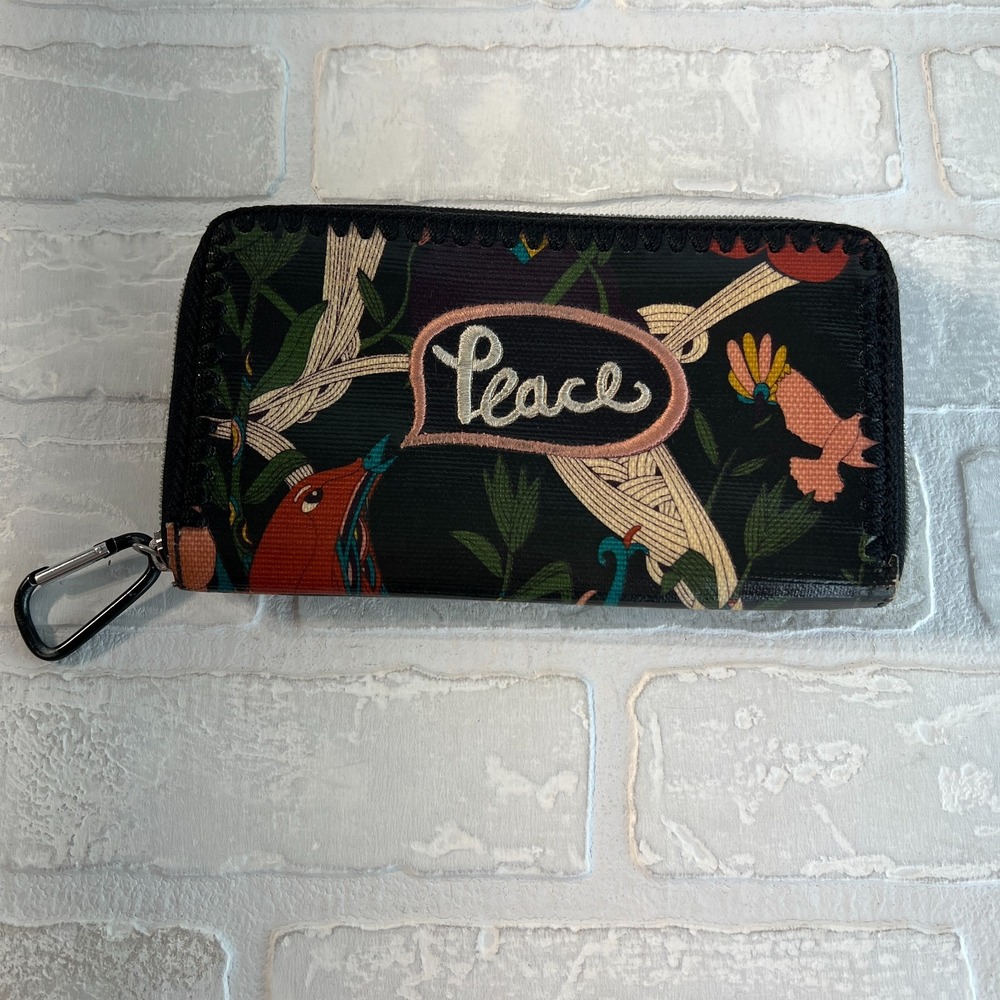 Sakroots Wallet Zip Around Artist Circle Peace Bird Floral Embroidered Black